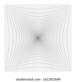 Inward, recess curved lines grid, mesh. Incline compress hollow, indent, dent distortion. Compression, depression negative space pattern. warp, deform lattice, grating or trellis abstract element