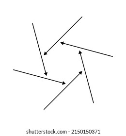 Inward spiral, swirl, twirl arrows, pointers. Rotation, cycle, recycle, contortion and ripple icon, symbol