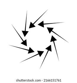 Inward spiral, swirl, twirl arrows, pointers. Rotation, cycle, recycle, contortion and ripple icon, symbol