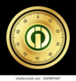 I-O Coin (IOC) cryptocurrency safe lock. Eps10 vector illustration isolated on black background.