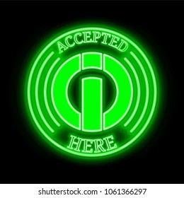 I-O Coin (IOC) green  neon cryptocurrency symbol in round frame with text "Accepted here". Vector illustration isolated on black background