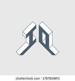 IO - logo or 2-letter code. Isometric 3d font for design. Number 10 or Letters I and O - Monogram or logotype. Three-dimension original letters.