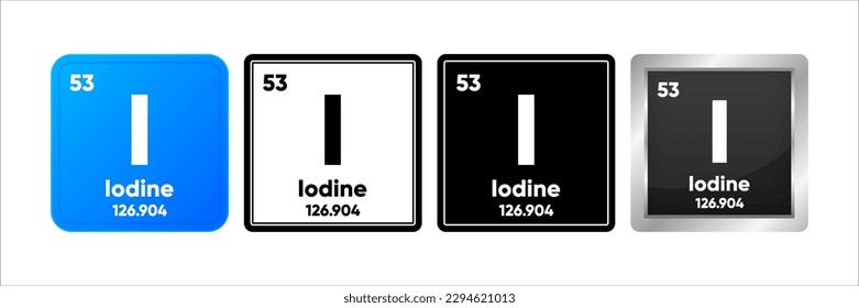 Elemento químico de yodo con 53 valores de número atómico, masa atómica y electrónica. Concepto de tabla periódica. Logo de cuatro diseños. Sencillo logotipo negro, realista y en color. Ilustración vectorial.