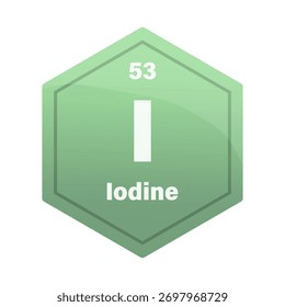 Azulejo de elemento químico de yodo. Número atómico 53. Es un signo químico. Hexágono de Vector verde oliva.