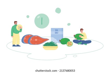 Iodine enriched food products for healthy diet, cartoon flat vector illustration isolated on white background. Food sources of trace elements I or iodine.