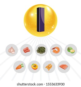 Iodine food vector illustration set. Products with the maximum content of iodine. Natural vegetarian healthy food. Vector food sign.