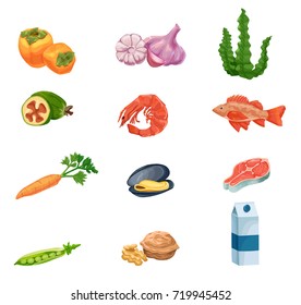 Iodine food vector sketch set, medicine infographics template, thyroid or pregnancy diet concept, persimmon, feijoa, sea bass, milk, carrot, garlic, walnut, salmon steak, pea, mussel, shrimp, seaweed
