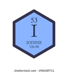 I Iodine Halogen Chemical Element Periodic Table. Hexagon vector illustration, simple clean style Icon with molar mass and atomic number for Lab, science or chemistry education.