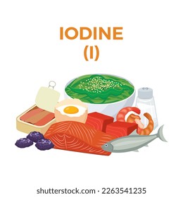 Yodo (I) en el vector de ícono alimentario. Idonofuentes alimentarias vectoriales aisladas en un fondo blanco. Algas marinas, marisco, pescado, gambas, vectores de ciruelas. Pila de comida fresca saludable para dibujar