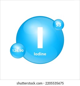 Iodine (I) icon structure chemical element round shape circle light blue. Chemical element of periodic table Sign with atomic number. Study in science for education. 3D Illustration vector. 