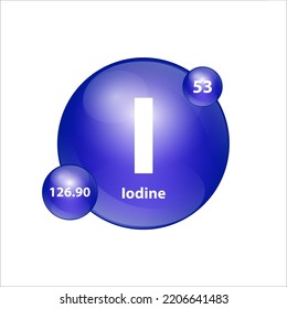 Iodine (I) icon structure  chemical element round shape circle blue dark. 3D Illustration vector. Chemical element of periodic table Sign with atomic number. Study in science for education. 