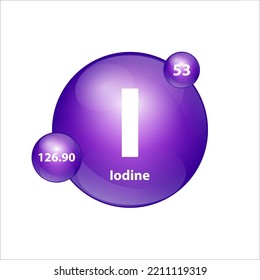 Estructura de iconos de yodo (I) elemento químico forma redonda círculo púrpura. Vector de ilustración 3D. Elemento químico de la tabla periódica Signo con número atómico. Estudio en ciencia para la educación. 