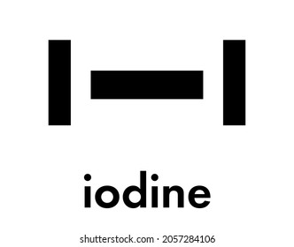 Iodine (I2) molecule. Solutions of elemental iodine are used as disinfectants. Skeletal formula.