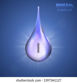 Iodine Mineral shining blue drop icon .Mineral complex background