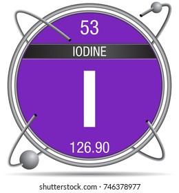 Iodine symbol  inside a metal ring with colored background and spheres orbiting around. Element number 53 of the Periodic Table of the Elements - Chemistry 