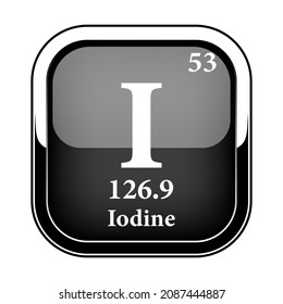 Iodine symbol.Chemical element of the periodic table on a glossy black background in a silver frame.Vector illustration.