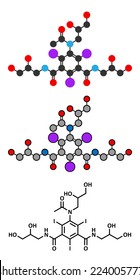 Iohexol contrast agent molecule. Used in coronary angiography procedures. Stylized 2D rendering and conventional skeletal formula.