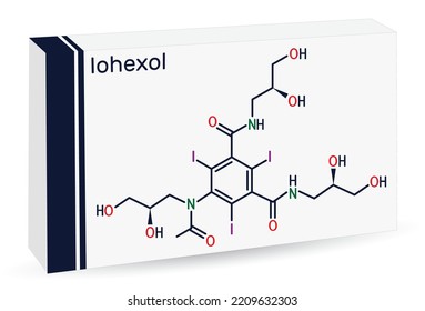 Molécula de iohexol. Es un medio de contraste utilizado en la mielografía y el realce del contraste para la tomografía computarizada. Fórmula química esquelética. Empaquetado de papel para medicamentos. Ilustración del vector