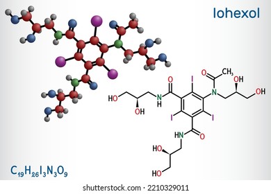 Molécula de iohexol. Es un medio de contraste utilizado en la mielografía y el realce del contraste para la tomografía computarizada. Fórmula química estructural, modelo molécula. Ilustración del vector