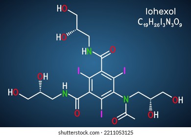 Molécula de iohexol. Es un medio de contraste utilizado en la mielografía y el realce del contraste para la tomografía computarizada. Fórmula química estructural en el fondo azul oscuro. Ilustración del vector