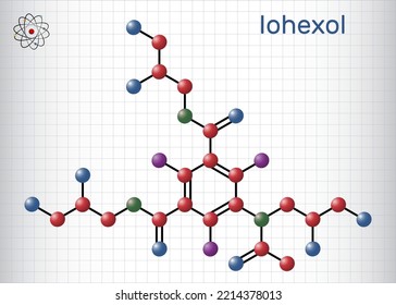 Molécula de iohexol. Es un medio de contraste utilizado en la mielografía y el realce del contraste para la tomografía computarizada. Modelo molécula. Hoja de papel en una jaula. Ilustración del vector