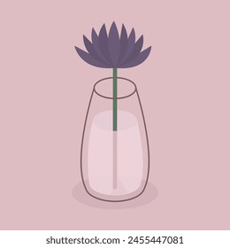 iolet blue aster flower in vase. Flowers, plant leaves. Glass vases with water. Ceramic Pottery decoration. Line doodle. Aesthetics modern style. Pink background. Flat design. Vector illustration