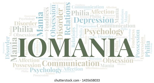 Iomania word cloud. Type of mania, made with text only.