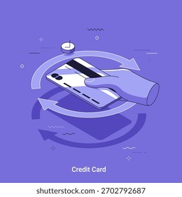 Iometrische Vektorgrafik mit einer Hand, die eine Kreditkarte mit kreisförmigen Pfeilen hält. Digitales Zahlungs- und Finanztransaktionskonzept. Online-Banking, sichere Geldüberweisung.