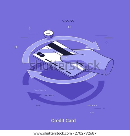Iometric vector illustration with hand holding credit card with circular arrows. Digital payment and financial transaction concept. Online banking, secure money transfer.