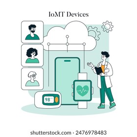 IoMT Devices concept. A healthcare professional engages with connected medical devices monitoring patient health remotely. Seamless technology in medicine. Vector illustration.