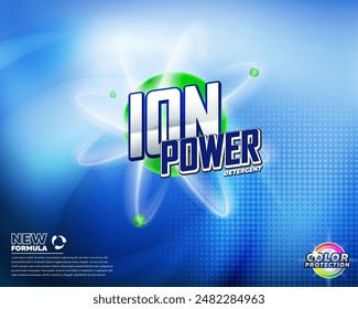 Ion power laundry detergent product advertising template. Best for label production, packaging and advertising design uses.