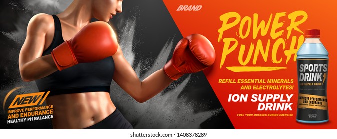 Ion supply drink ads with female boxer in 3d illustration