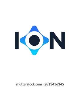 Ion word mark logo design with digital data network connection for technology