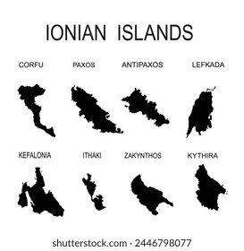 Ionian islands map set vector silhouette illustration isolated. Corfu map Paxos, Antipaxos, Lefkada map, Kefalonia card, Ithaki contour, Zakynthos line, Kythira shape. Greek territory, paradise Greece