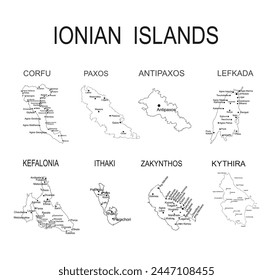 Ionian islands map set vector silhouette illustration isolated. Corfu map Paxos, Antipaxos, Lefkada map, Kefalonia card, Ithaki contour, Zakynthos line, Kythira shape. Greek territory, paradise Greece