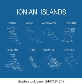 Ionian islands map set vector silhouette illustration isolated. Corfu map Paxos, Antipaxos, Lefkada map, Kefalonia card, Ithaki contour, Zakynthos line, Kythira shape. Greek territory, paradise Greece