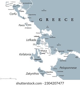 Ionian Islands Region of Greece, gray political map. Greek island group in the Ionian Sea. Corfu (Kerkyra), Paxos and Antipaxos, Lefkada, Kefalonia (Cephalonia), Ithaca (Ithaki) and Zakynthos (Zante).