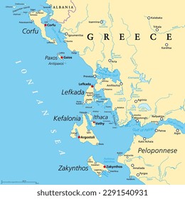 Ionian Islands Region of Greece, political map. Greek group of islands in the Ionian Sea. Corfu (Kerkyra), Paxos and Antipaxos, Lefkada, Kefalonia (Cephalonia), Ithaca (Ithaki), and Zakynthos (Zante).