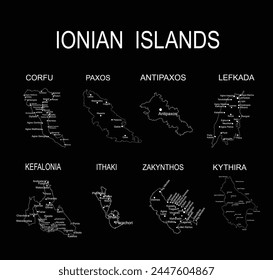 Ionian islands set vector silhouette illustration isolated. Corfu map Paxos, Antipaxos, Lefkada map, Kefalonia card, Ithaki contour, Zakynthos line map, Kythira shape. Greek territory, paradise Greece