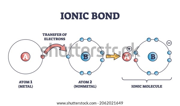 Ionic bond and electrostatic attraction\
from chemical bonding outline diagram. Labeled educational scheme\
with metal atom electrons transfer steps to nonmetal and ionic\
molecule vector\
illustration.