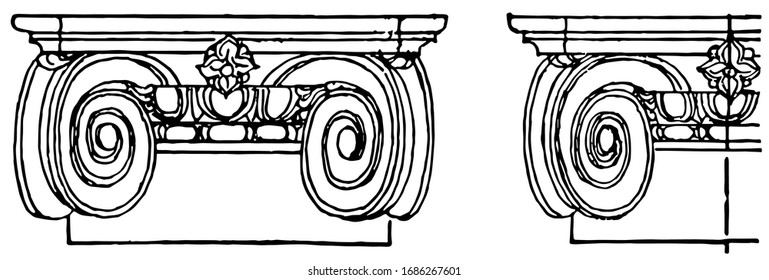 Ionic Capital, chapiter forms the topmost member of a column,  joins the usually square abacus,  usually circular shaft of the column, vintage line drawing or engraving illustration.