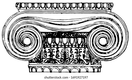Iónico Capital, de la Erechtheion, Diseño y Construcción, La Erechtheion o Erechtheum, grabado vintage.
