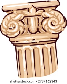 Ionic column capital with volutes, classical architectural element inspired by ancient Italy and Roman heritage. Decorative stone column top, antique detail, cartoon vector illustration.