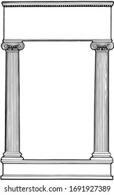 Ionic Columns have two pillar left and right side in this pattern, vintage line drawing or engraving illustration.