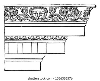 Ionic Cornice from the Temple of Minerva Polias at Priene, entablature resting on the columns, three parts, a plain architrave divided, more generally, a frieze resting, vintage line drawing