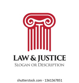 Ionic order column. Emblem for Law and Legal business. Vector Logo in EPS10 with caption Law and Justice and place for Slogan or description.