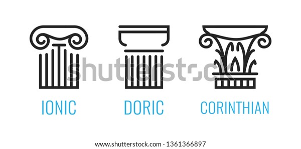 Ionic orders of ancient\
Greece. Ionic, Dorian, Corintian column lineart shapes isolated on\
white background. Vector icons in EPS10 for Architecture and Law\
business.