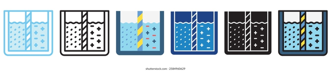 Ionization multi-style icon, outline, flat, glyph, dual tone, line color, UI, UX kit, app and web development, digital or print. For industry, education, ecology, environment, water treatment theme.