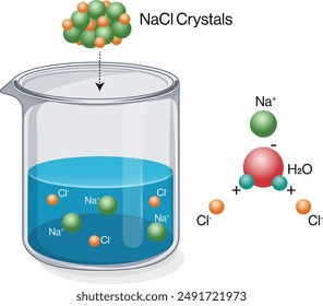 Ionisationsprinzip unter Verwendung der NaCl-Dissoziation im Wasserdiagramm, weißer Hintergrund, Vektorillustration der Wissenschaft