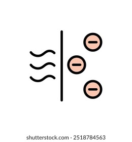 Ícone de vetor de ionizador. Sinal de cor do fluxo de ar. Fluxos de ar com partículas carregadas. Íons. Iões negativos. Ilustração do logotipo do símbolo do purificador. Design de estilo simples isolado em fundo branco.